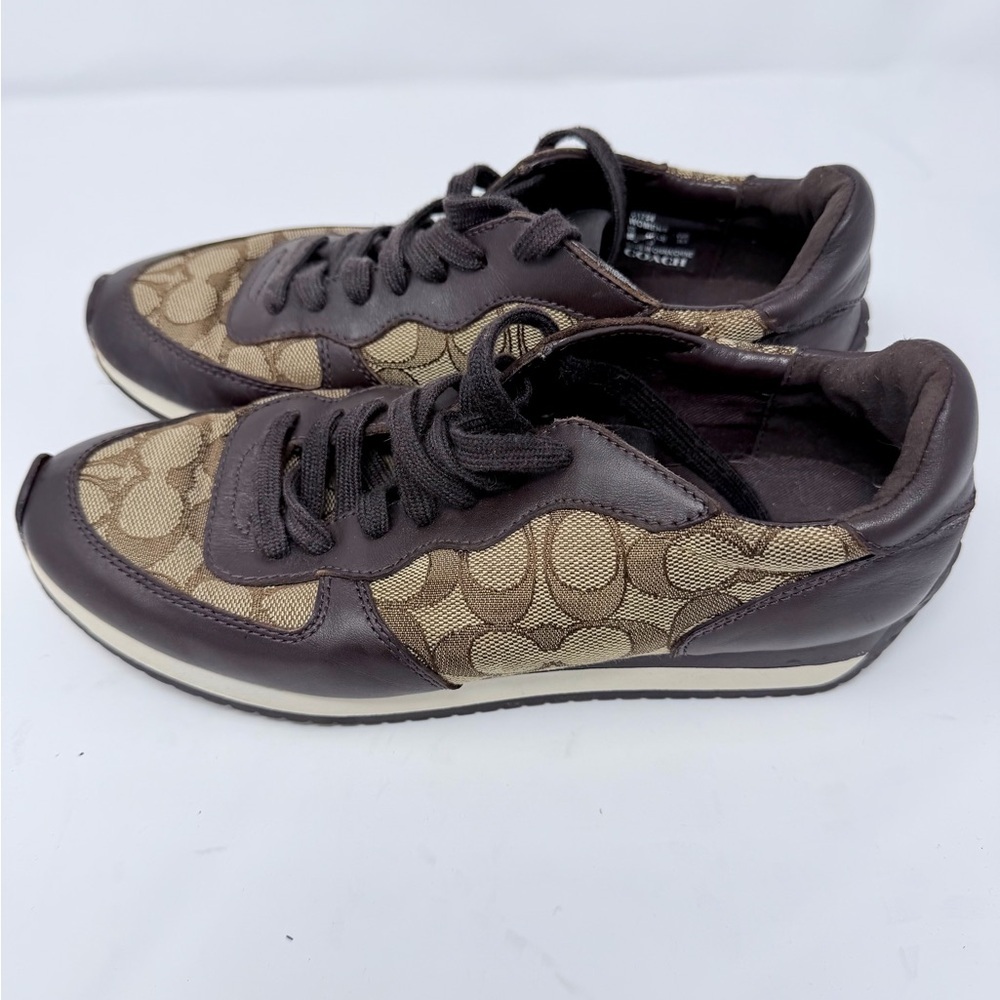 Coach Farrah Signature Jacquard Brown and Tan Lace-Up Sneakers size 8,5 - Picture 3 of 9